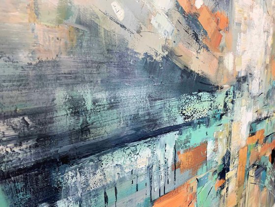 Shining Light - Extra Large Abstract Painting 71" x 40" , Oversize Canvas, Gray, Blue Gold Leaf Soft Colors White Gray Painting