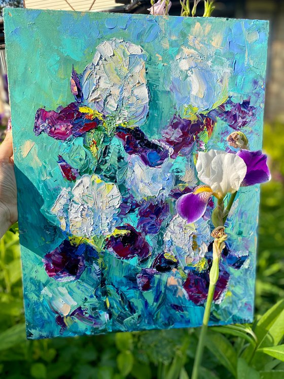 Iris - A pleasure of light, 35*45cm, impressionistic flowers oil painting in violet and turquoise