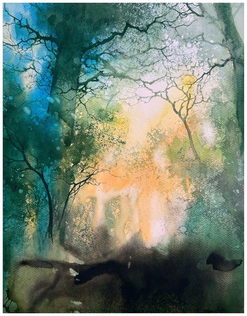 Impressionistic Landscape Watercolour By Nazar Grunyka, 13 X 16", Silent Forest Glow, Original Artwork