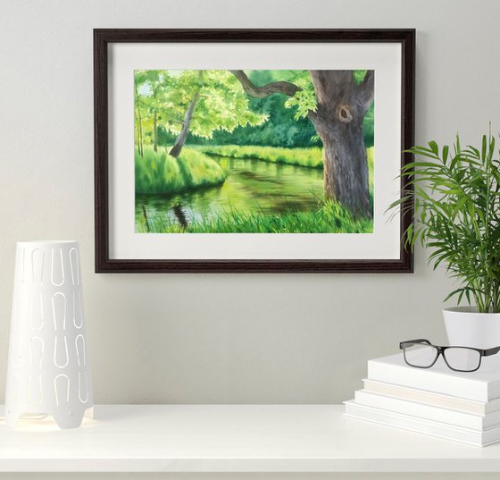 Green forest near river in sunny day - summer landscape