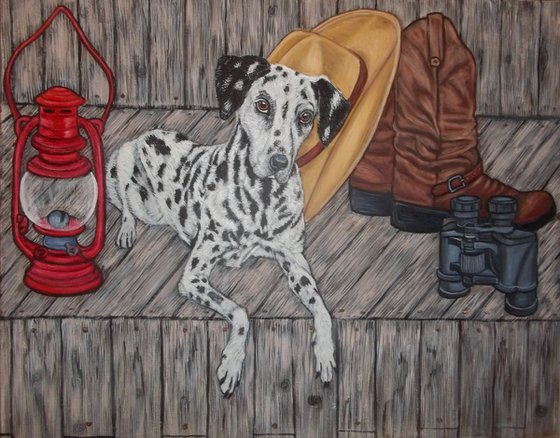 original oil painting "Waiting for you" Dalmatian and still life- size 20"x 16"