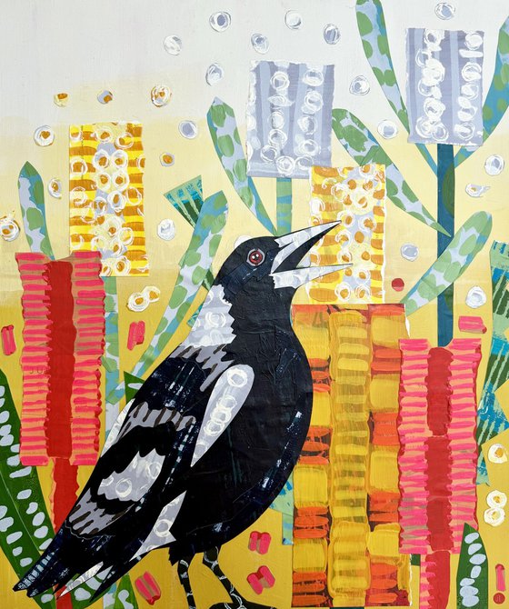 Magpie and Banksias Bird Collage Painting
