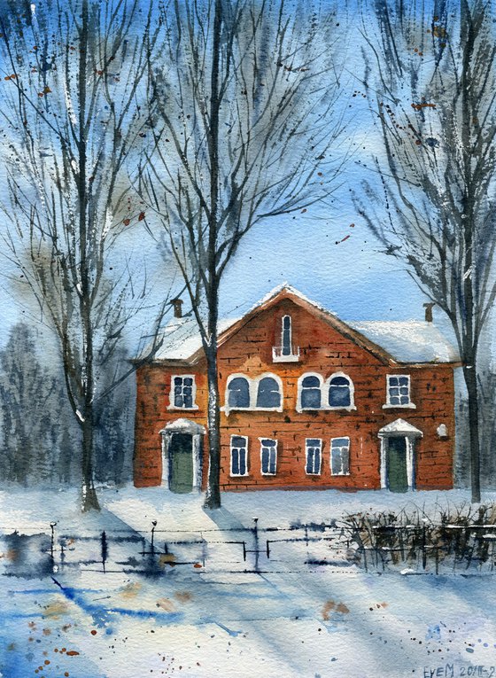 An old house in the town of Vidnoe near Moscow. Original watercolor artwork.