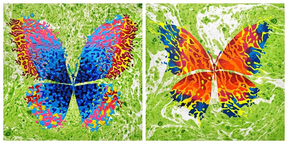 Abstract Animal Acrylic Painting By Mariia Raskin, 20 X 10", Set Of 2 «Bright Summer», Original Artwork