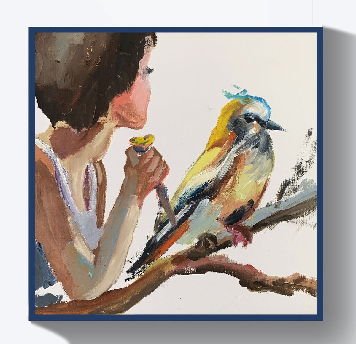 Impressionistic Animal Oil Painting By Vita Schagen, 10 X 10", Woman With A Bird., Original Artwork