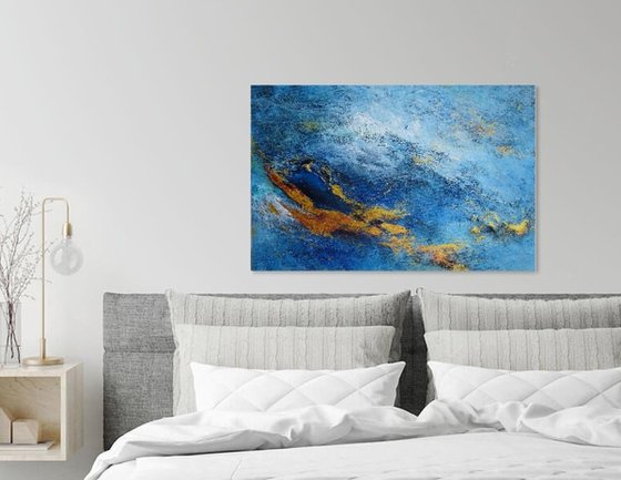 Large Blue and Gold Contemporary Abstract Landscape, Ocean Painting # 810-31. Textured Art