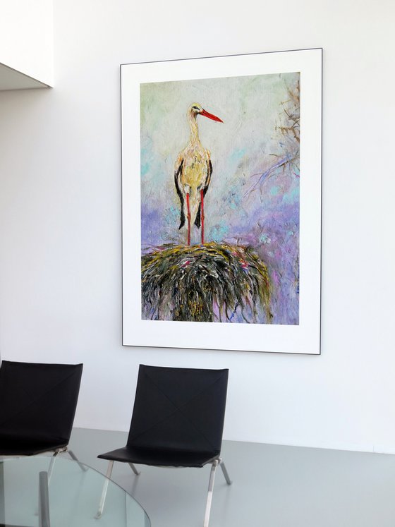 "Before the Flight" Stork Original Oil Painting 10x7"