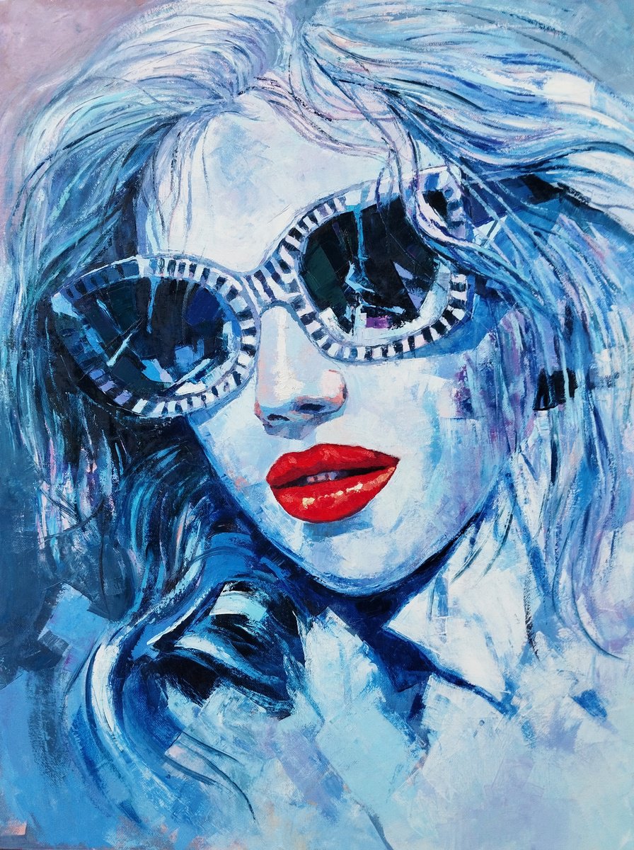 Impressionistic Portrait Oil Painting By Narek Qochunc, 24 X 31", Stylish Woman With Red Lips, Original Artwork