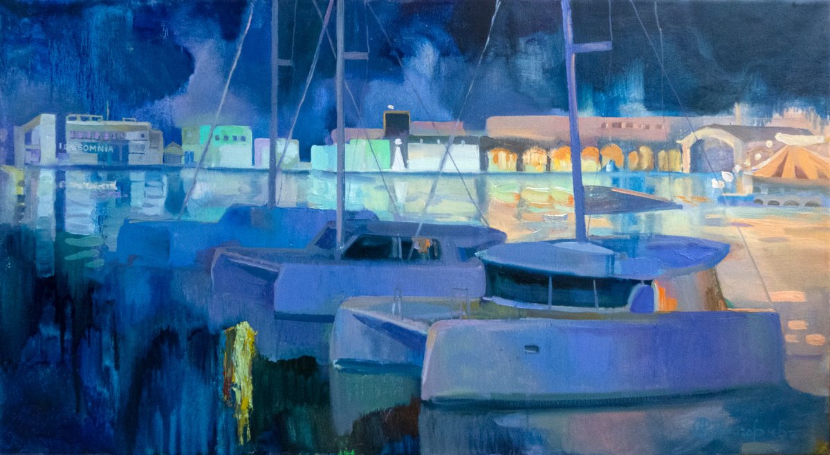 Impressionistic Landscape Oil Painting By Anastasiia Grygorieva, 36 X 20, Nightlife Of Valencia, Original Artwork