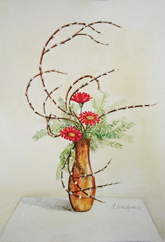 Ikebana #4. Still life watercolor painting.