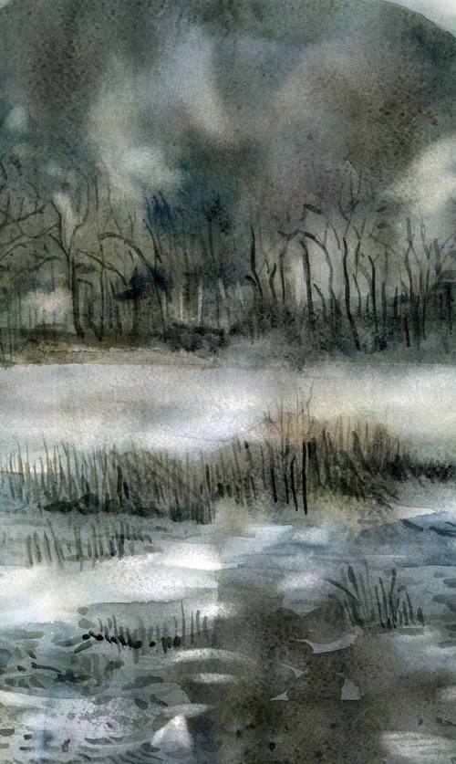 morning lake mist watercolor by Alfred  Ng
