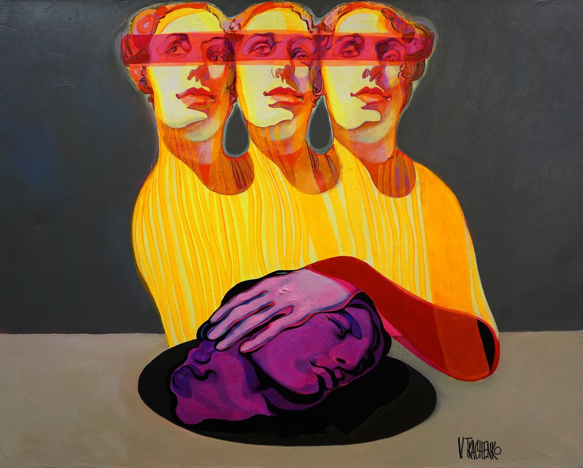 Organic Portrait Acrylic Painting By Victor Tkachenko, 30 X 24", Bowling (Triple Nina), Original Artwork