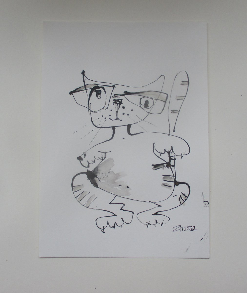 crazy cat blackandwhite 8,2 x 11,4 inch unique mixedmedia drawing by Sonja Zeltner-Muller