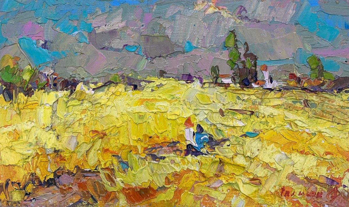 Impressionistic Landscape Oil Painting By Kalenyuk Alex, 10 X 6", Niva Is Gold, Original Artwork
