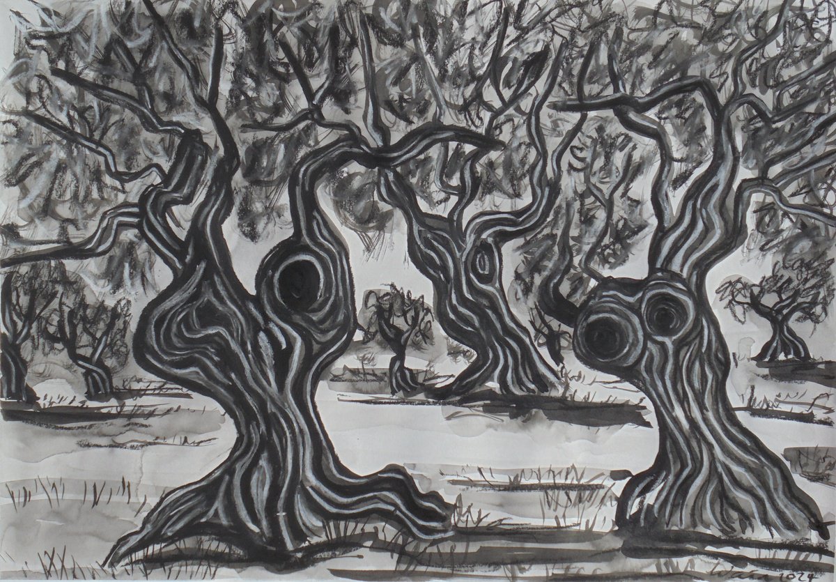 Expressive Landscape Ink Drawing By Kirsty Wain, 23 X 17", Olive Trees, Original Artwork