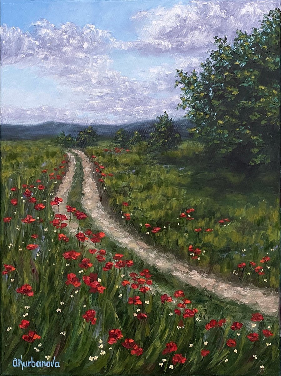 Impressionistic Botanical Oil Painting By Olga Kurbanova, 12 X 16", Lovely Poppy Field, Original Artwork