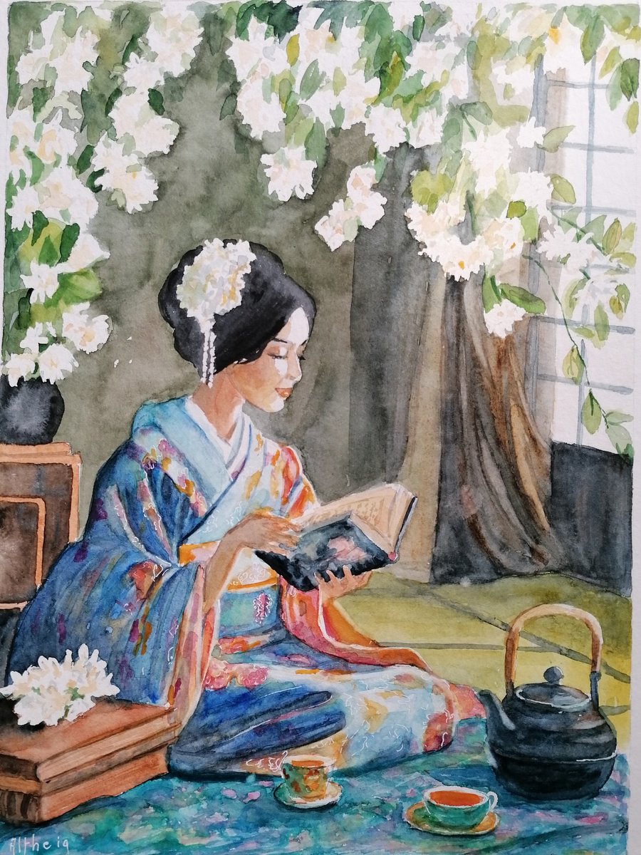 Impressionistic Portrait Watercolour By Martine Vinsot, 16 X 20", A Book And A Cup Of Tea, Original Artwork