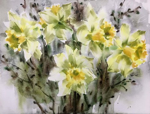 Spring yellow flowers. One of a kind, original painting, handmad work, gift. by Galina Poloz