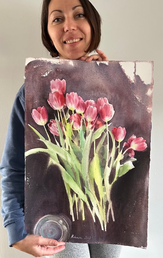 Watercolour. Tulips smell like spring.