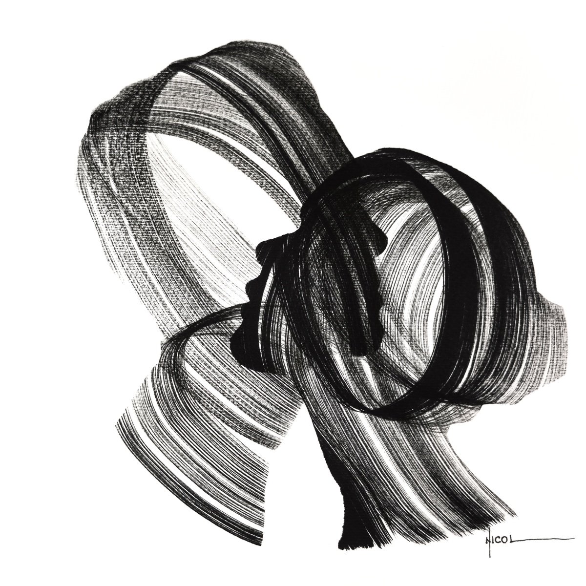 Expressive Portrait Ink Drawing By Nicol Vacaru, 11 X 11", Knots Of Thought, Original Artwork