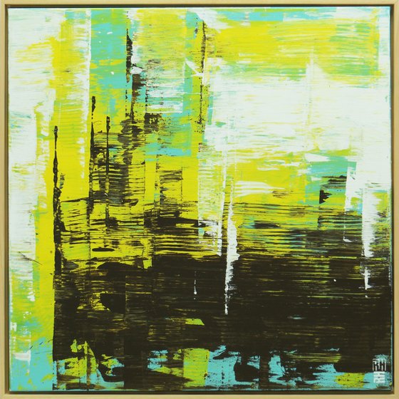 Yellow Square Artwork - Static Balance Brown - Incl Frame 85x85cm - Ronald Hunter - 7S