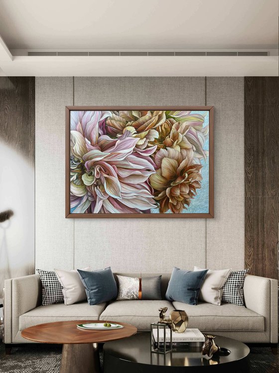 Dahlias and brown roses