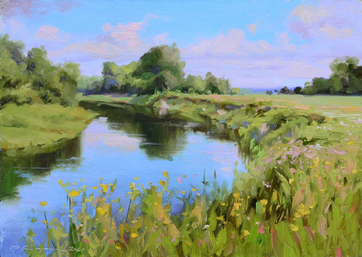 Impressionistic Landscape Oil Painting By Ruslan Kiprych, 12 X 9", By The River, Original Artwork
