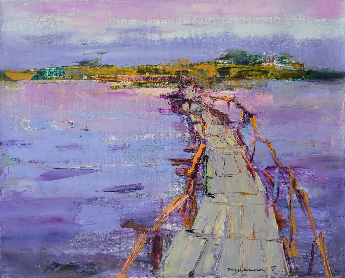 Expressive Landscape Oil Painting By Helen Shukina, 20 X 16, Bridge . Pink Evening, Original Artwork