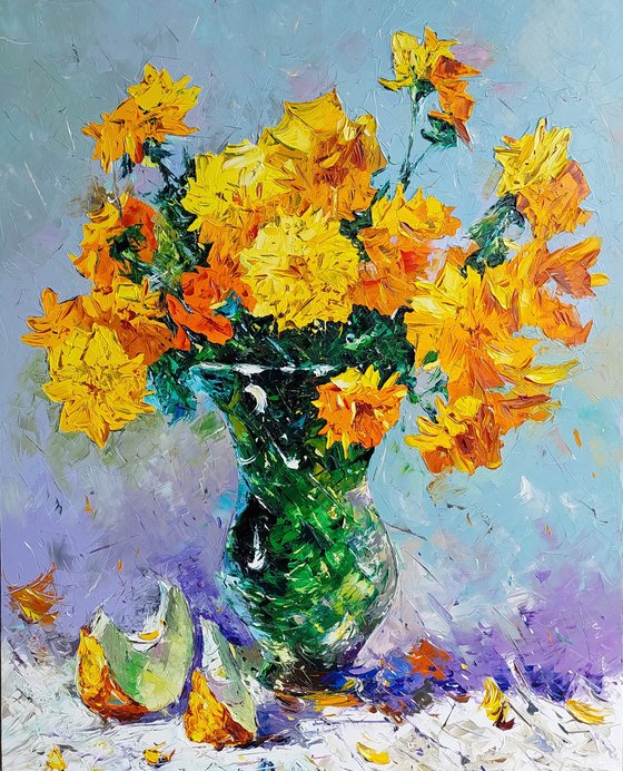 Still life - Yellow flowers (100x80cm, oil painting, palette knife)