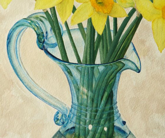 Blue Glass Jug with Daffodils