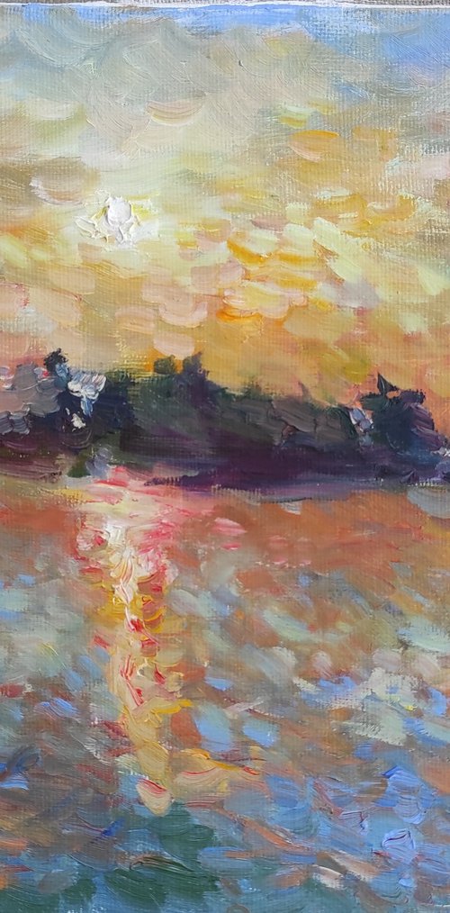 Landscape with sunset on lake by Natasha Voronchikhina