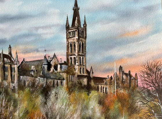 Glasgow university under a setting sun