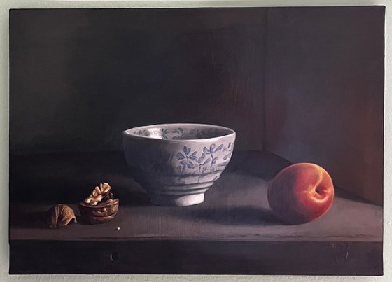 Grisaille Still Life: Peach and Walnuts