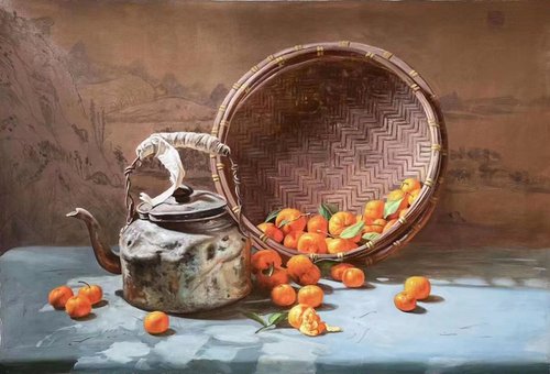 Still life painting:oranges in the bamboo basket t215 by Kunlong Wang
