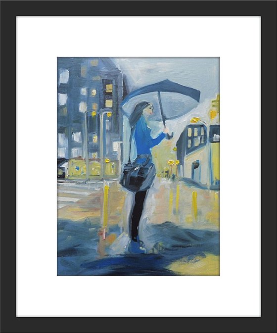 GIRL DELIVERY RAINY CITY NIGHT LIGHT REFLECTIONS. Original Female Figurative Oil Painting. Varnished.