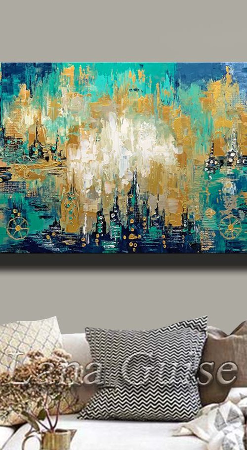 Abstract Painting - In The Moonlight - Original Cityscape Gold Aqua Blue Painting Modern Textured Palette Knife by Lana Guise