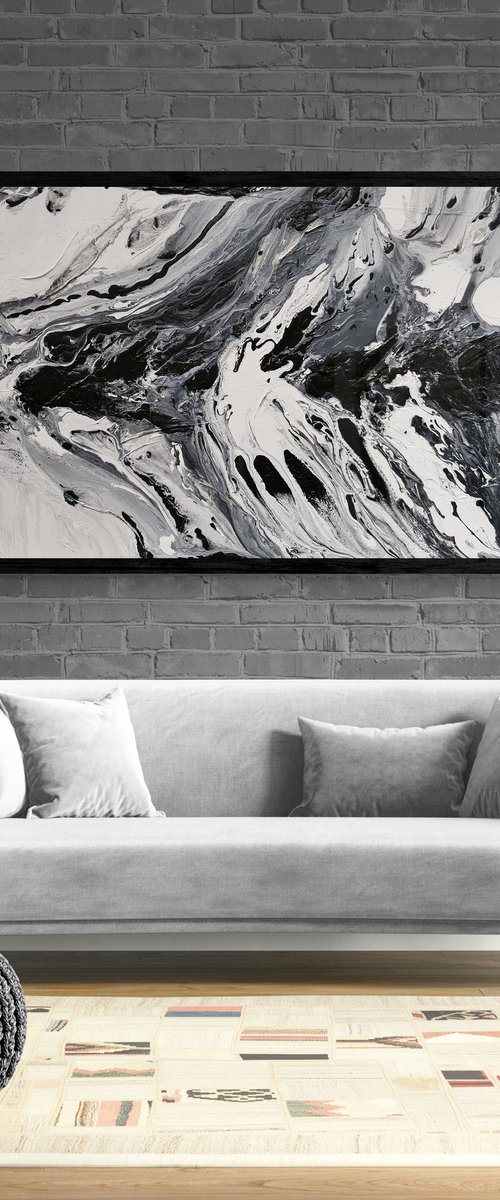 Salt and Nero 200cm x 80cm Black White Textured Abstract Art by Franko