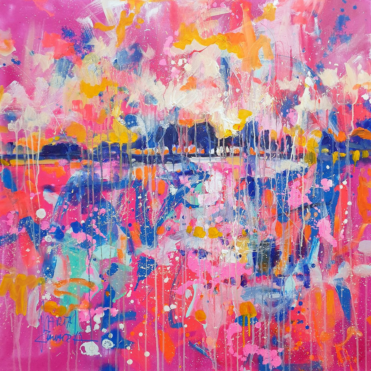 Impressionistic Landscape Acrylic Painting By Marta Zawadzka, 35 X 35", Pink Winter, Original Artwork