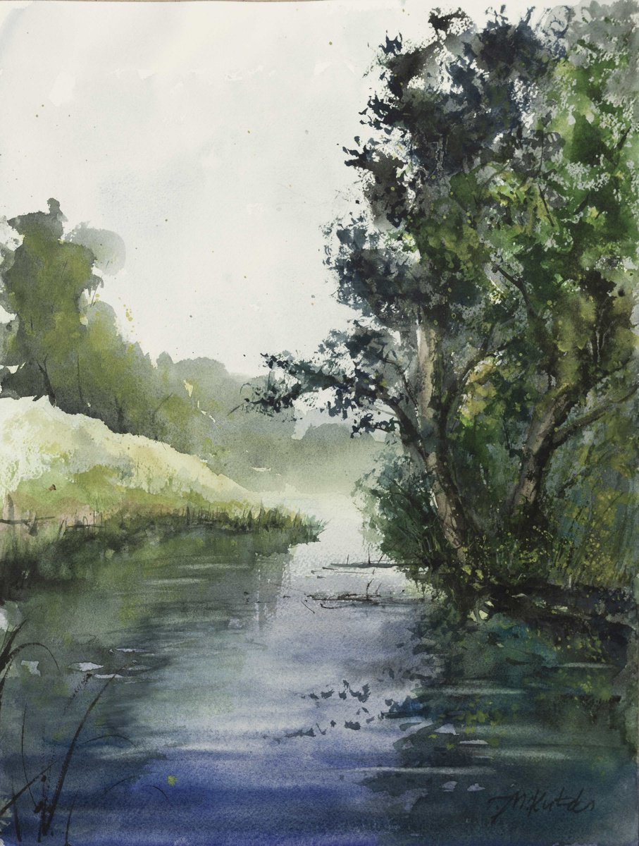 Landscape Watercolour By Tomasz Mikutel, 12 X 16", Gross Reetz Lake (Poland), Original Artwork