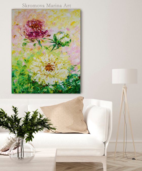 MOMENTS OF SUMMER - Beautiful abstraction. Pink peonies. Summer picture. Large flowers. Strokes. Style. Romance.