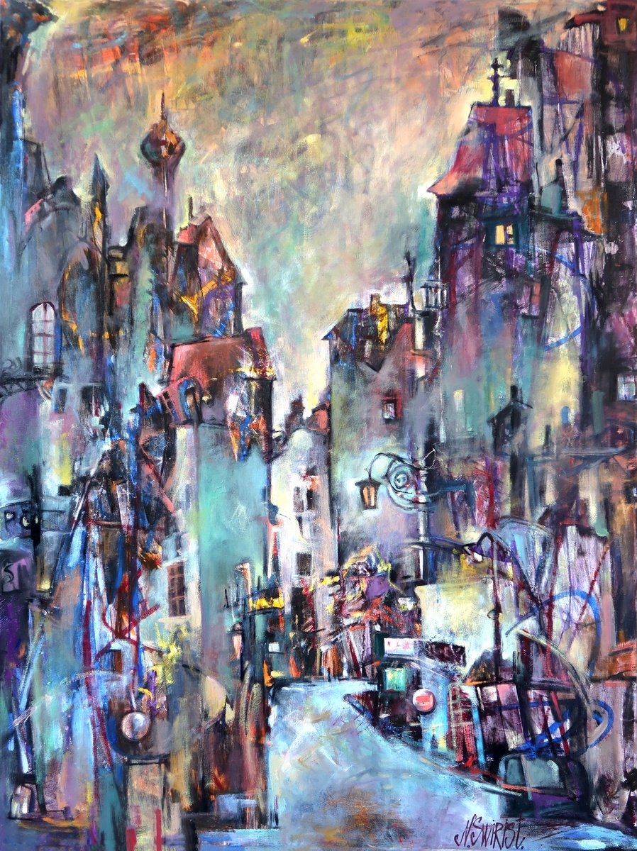 Impressionistic Cityscapes Oil Painting By Nikifor Swiristuhin, 36 X 48", Old Town., Original Artwork