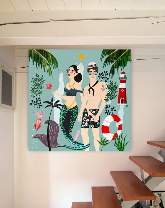 The Sailor and the Mermaid N°2 - Art-Deco - Summer - XLarge painting