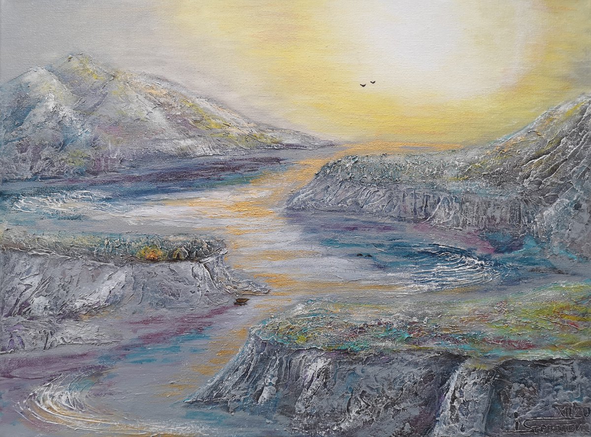 The relief mountain painting in yellow, gray and blue tones -Serenity - sunset in the moun... by Irina Stepanova