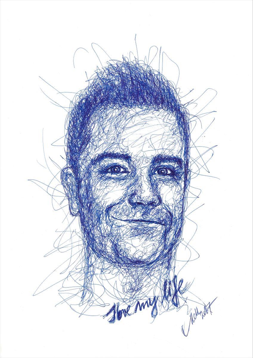 Robbie Williams - original blue line drawing by Mateja Marinko