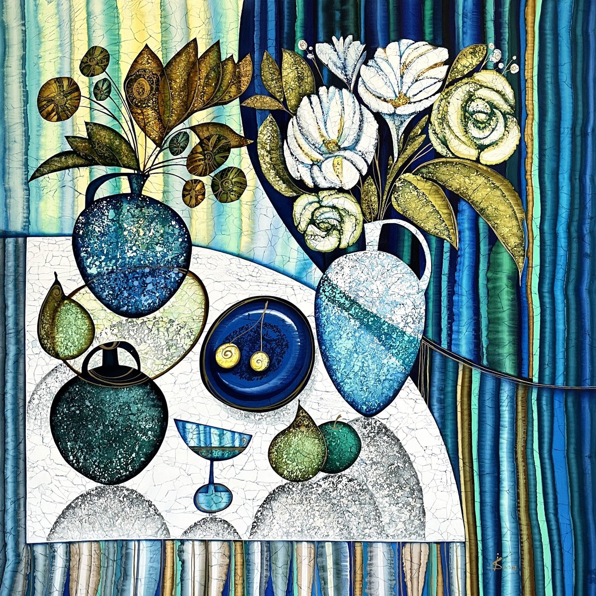 Organic Botanical Acrylic Painting By Julia Ismambetova, 28 X 28", By The Window, Original Artwork