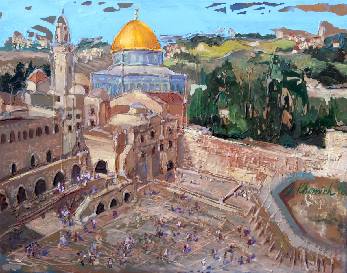 Expressive Landscape Oil Painting By Leo Khomich, 22 X 17", Gold Of Jerusalem, Original Artwork