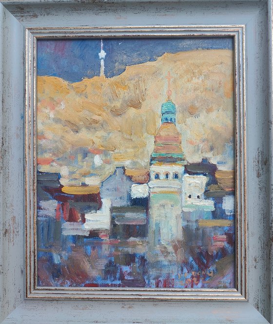 Original Oil Painting Wall Art Artwork Signed Hand Made Jixiang Dong Canvas 25cm × 30cm View from Afar Stuttgart Germany small building Impressionism