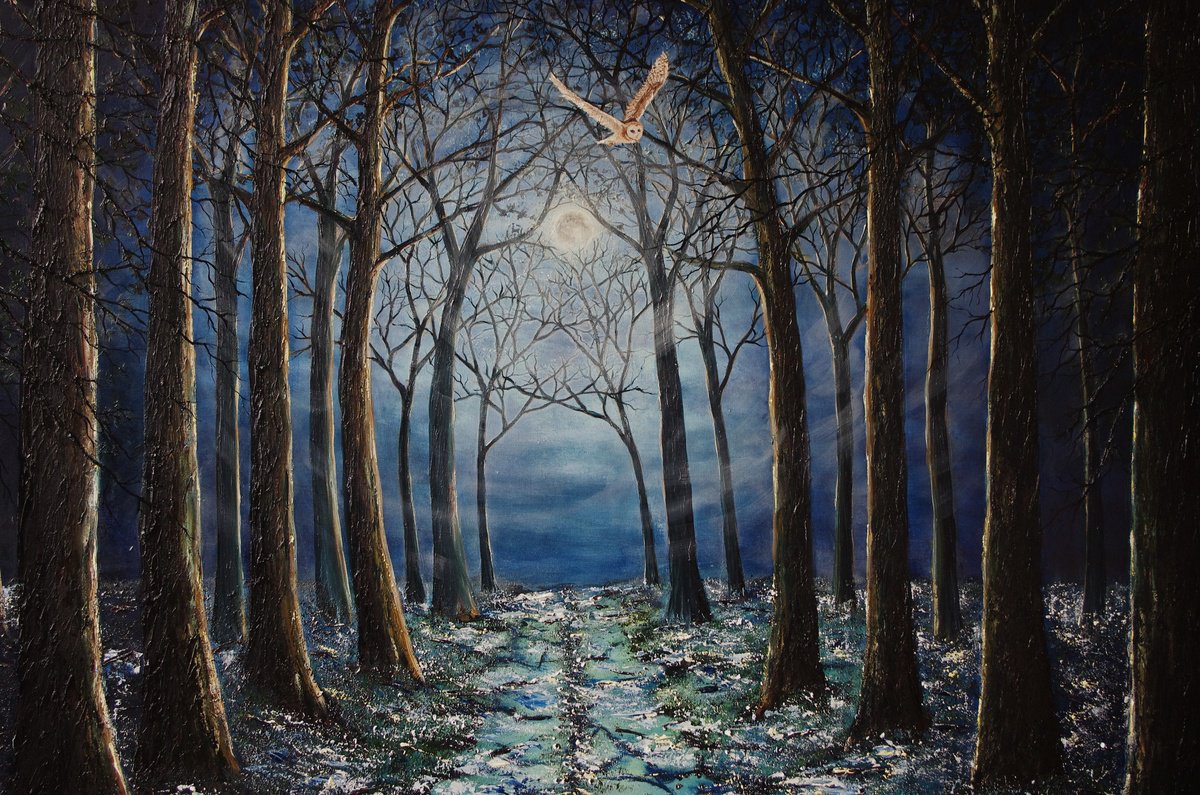 Impressionistic Landscape Oil Painting By Hazel Thomson, 59 X 39, Silent Night In The Forest, Original Artwork