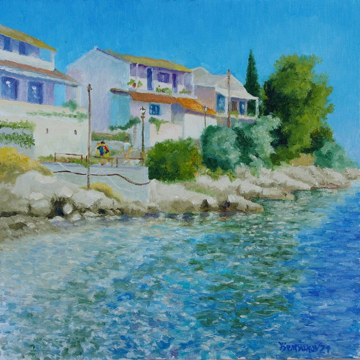 Impressionistic Landscape Oil Painting By Juri Semjonov, 12 X 12", Greece, Corfu, Kassiopi., Original Artwork