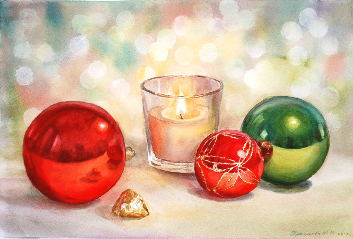 Photorealistic Still Life Watercolour By Yulia Krasnov, 15 X 10", New Year Mood, Original Artwork